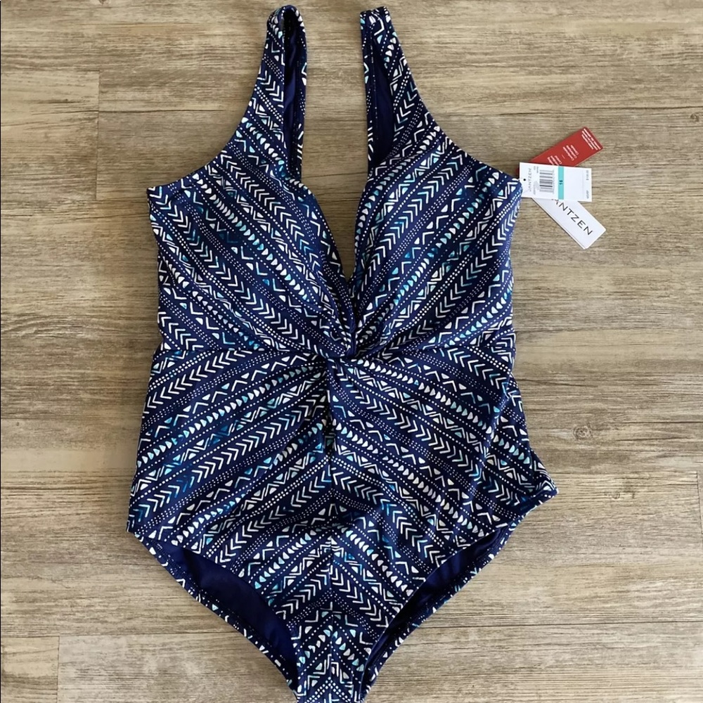 Jantzen Blue and White Geometric One Piece Swimsuit